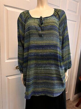 TravelSmith Abstract Print Tunic Blouse Medium Blue Green 3/4 Sleeve